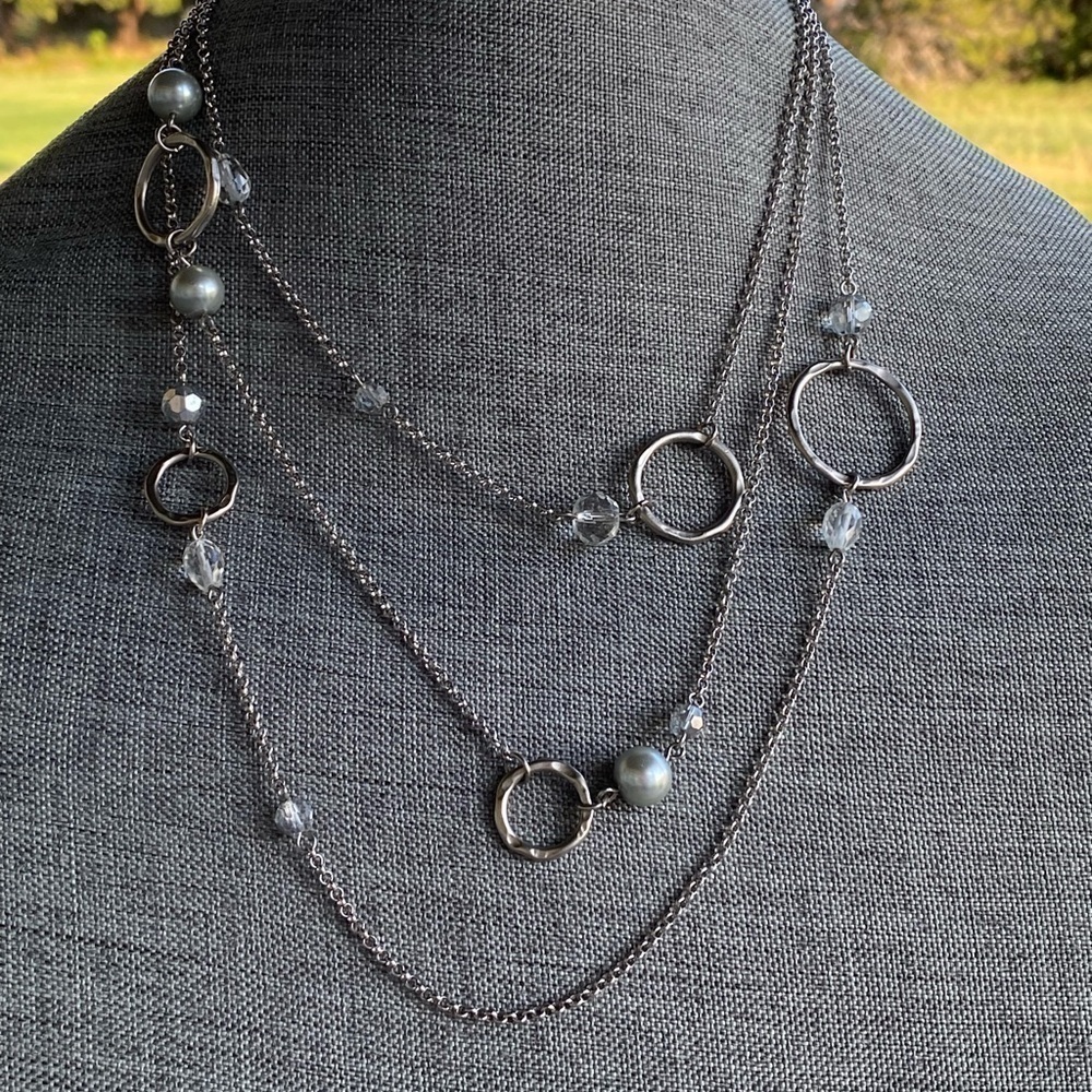 WHBM White House Black Market Necklace Silver Tone Three Strands Asymmetric
